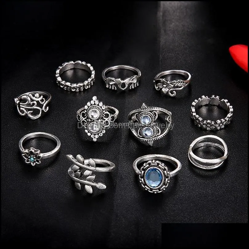 antique silver knuckle ring set elephant flower crown rings stacking rings women midi rings fashion jewelry set gift