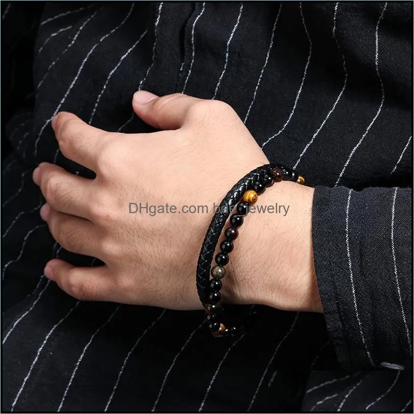 strand volcanic natural stone tiger eye beaded bracelet rows leather bracelets wristband bangle cuff for men fashion jewelry