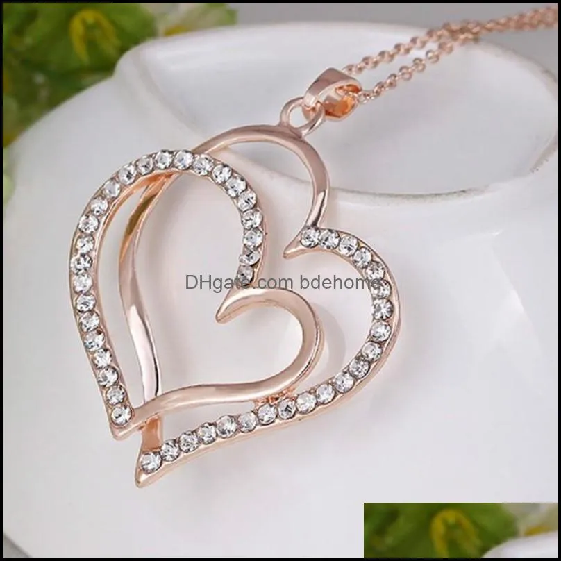 double crystal heart pendant necklace gold chains for women fashion jewelry gift