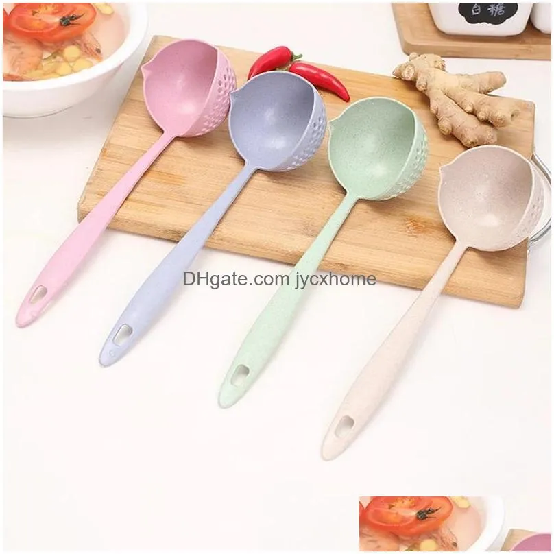 sublimation 1pcs wheat straw/pp long handle soup spoon hook design multifunction kitchen tools filter 2 in 1 porridge spoons