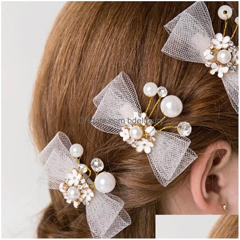 hair clips 1pc golden elegant lace bowknot faux pearl hairpin clip tiara wedding party jewelry accessories decoration