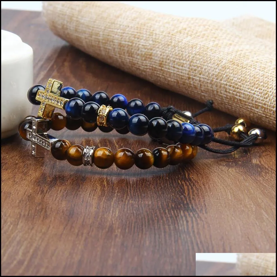 new design couples jesus bracelet jewelry wholesale 10pcs/lot 6mm natural tiger eye stone beads with clear cz cross bracelets for