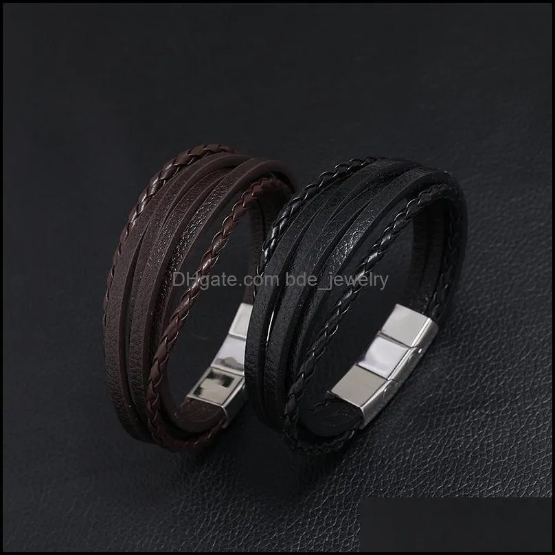 retro leather multi layer wrap bracelet stainless steel buckle bracelets fashion mens bangle cuff wristband jewelry