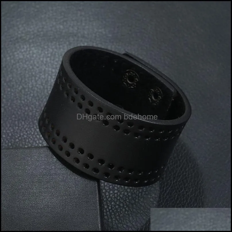 black hollow leather bangle cuff button adjustable bracelet wristand for men women fashion jewelry
