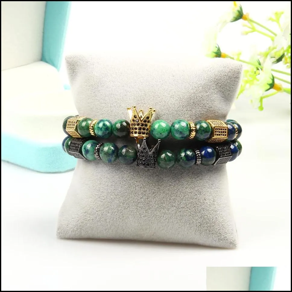 men bracelet jewelry black cz crown & stoppers with 8mm stone beaded gold crown bracelets watch for gift