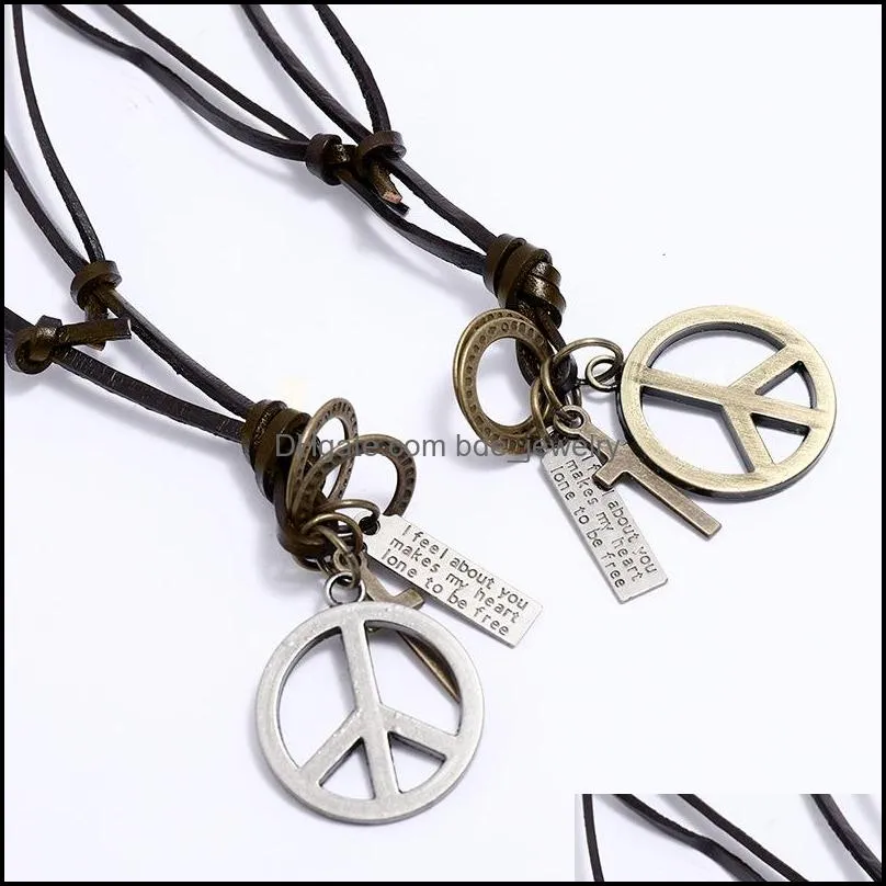 world peace symbol pendant necklace letter id ring cross charm adjustable chain leather necklaces for women men fashion jewelry gift
