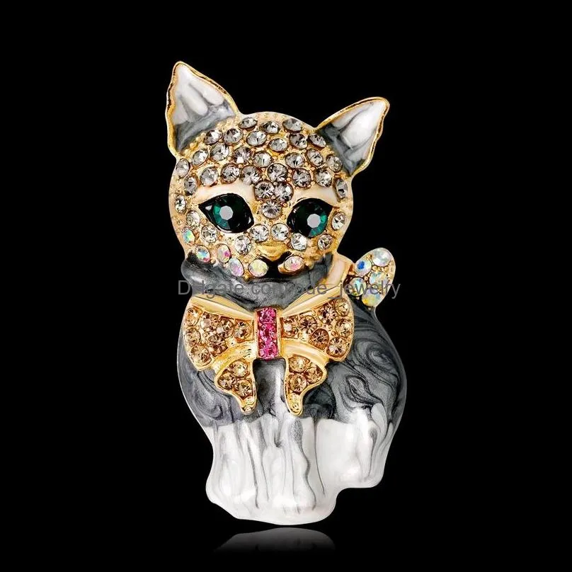 enamel diamond cat brooch pins animal design business suit top dress cosage for women men fashion jewelry