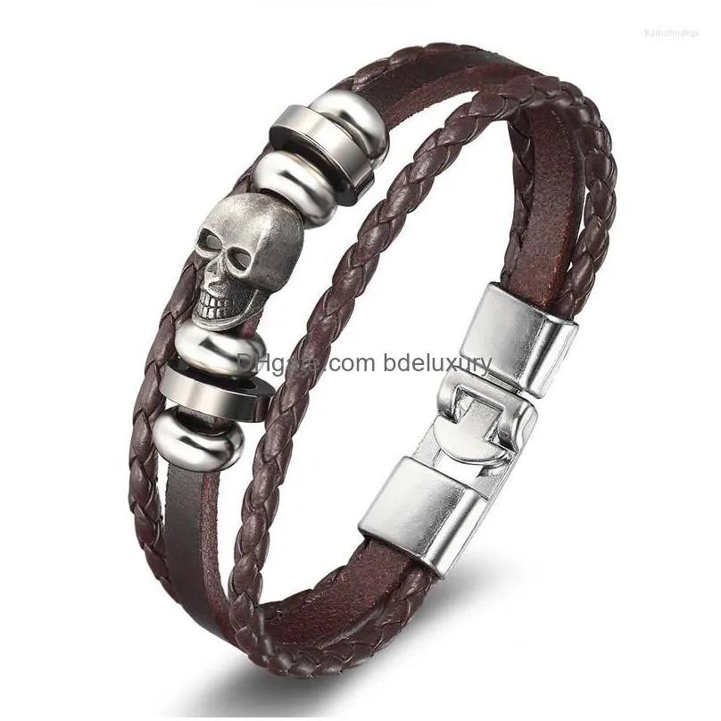 charm bracelets high quality mens leather wrap bracelet men fashion punk wax poker star skull rope bangle bracelet jewelry