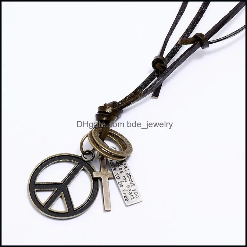 world peace symbol pendant necklace letter id ring cross charm adjustable chain leather necklaces for women men fashion jewelry gift