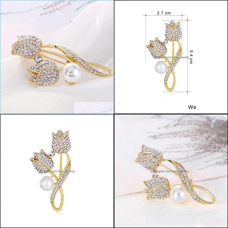 crystal gold tulip brooch pin business suit tops corsage pearl rhinestone flower brooches for women men fashion jewelry