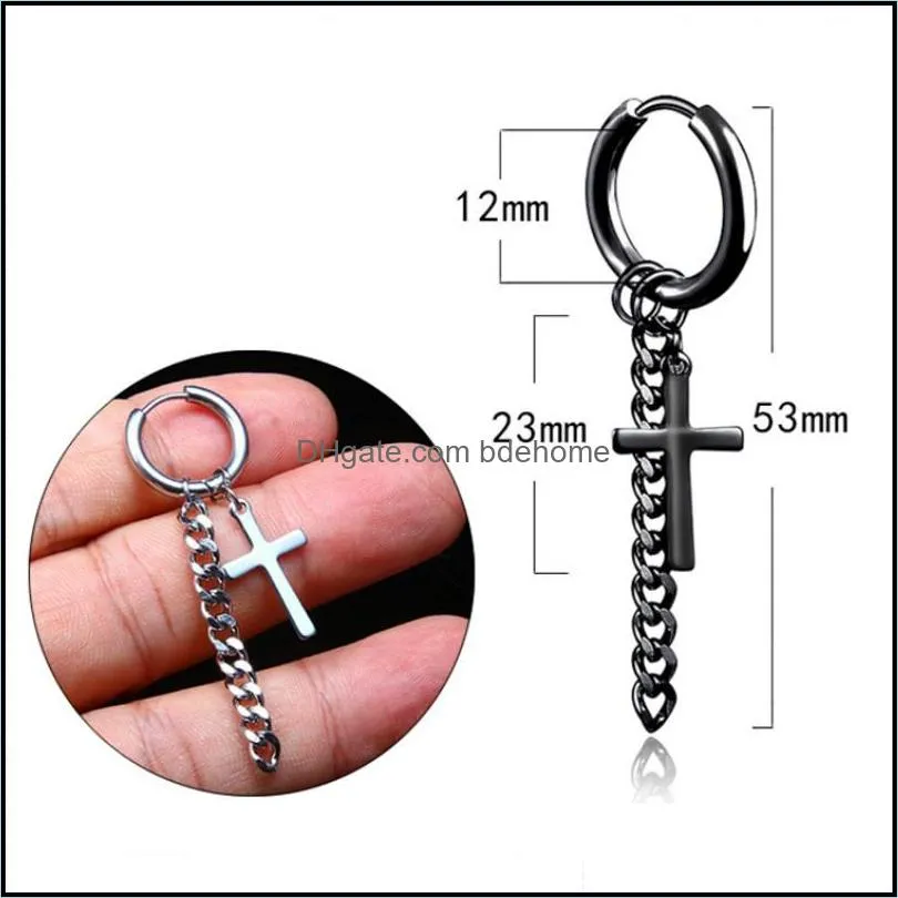 cross chain tassel hip hop earrings dangle stainless steel no hole clip on ear rings fashion jewelry for women men gift