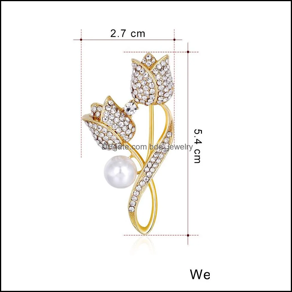 crystal gold tulip brooch pin business suit tops corsage pearl rhinestone flower brooches for women men fashion jewelry