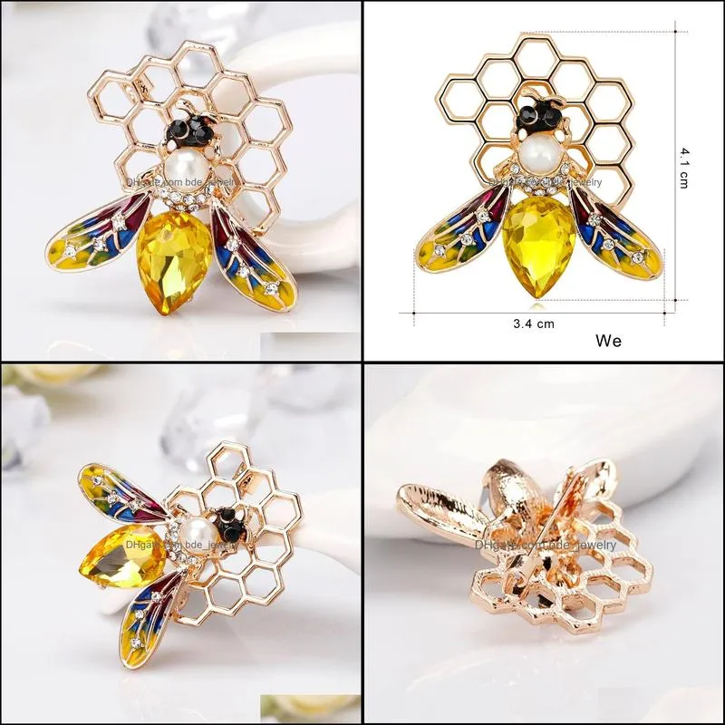 crystal enamel honeycomb bee brooch pin business suit tops rhinestone corsage brooches for women men fashion jewelry