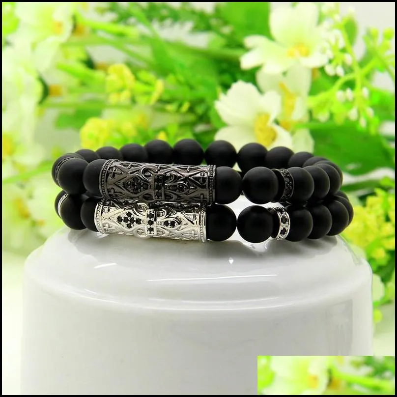 micro pave black cz heart cross tube beads with 8mm a grade matte agate stone wholesale 10pcs/lot men`s bracelets
