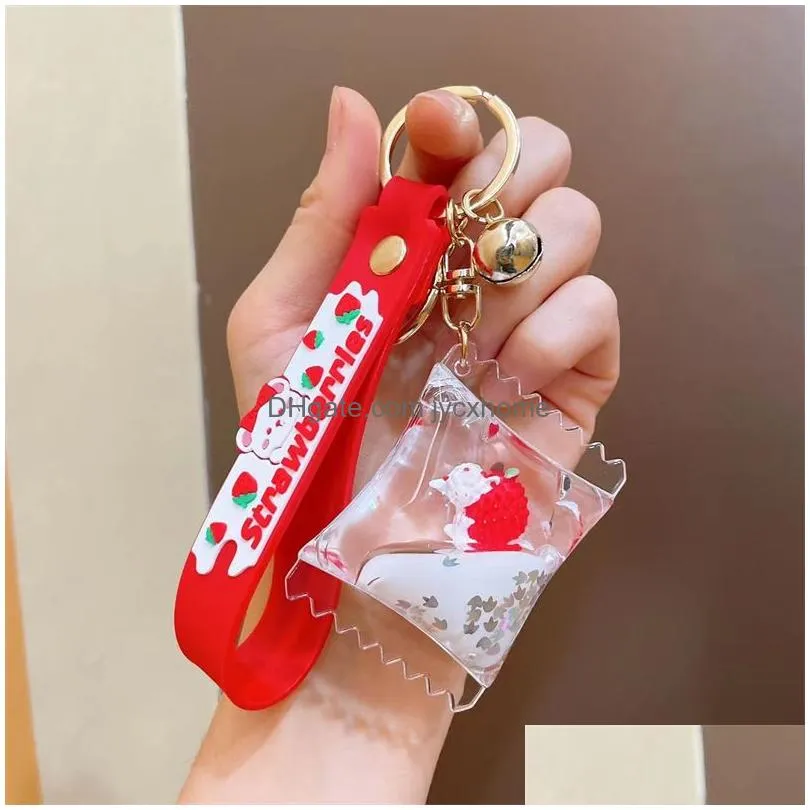 creative christmas pendant strawberry bear milk tea cup liquid key chain cute quicksand oil floating lamb doll bag car keychain