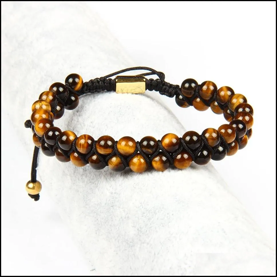 men bracelet double beaded 6mm natural a grade tiger eye stone beads macrame friendship bracelet nice gift hot sale