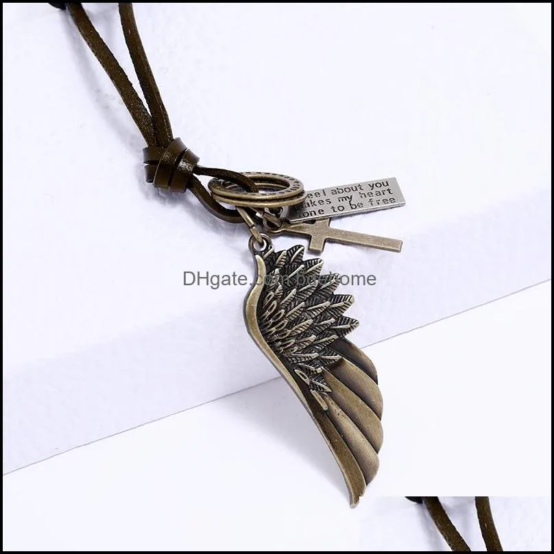 retro angel wing necklace letter id ring corss charm adjustable leather chain necklaces for women men fashion jewelry gift