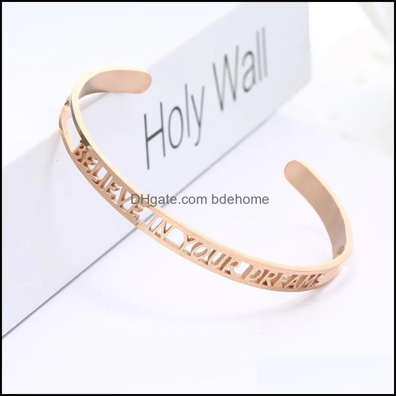 hollow stainless steel bangle bracelet letter believe dreams writaband cuff women fashion jewelry