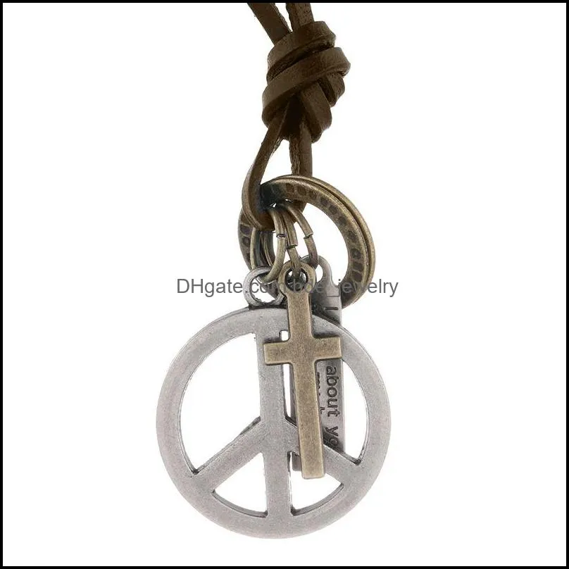 world peace symbol pendant necklace letter id ring cross charm adjustable chain leather necklaces for women men fashion jewelry gift