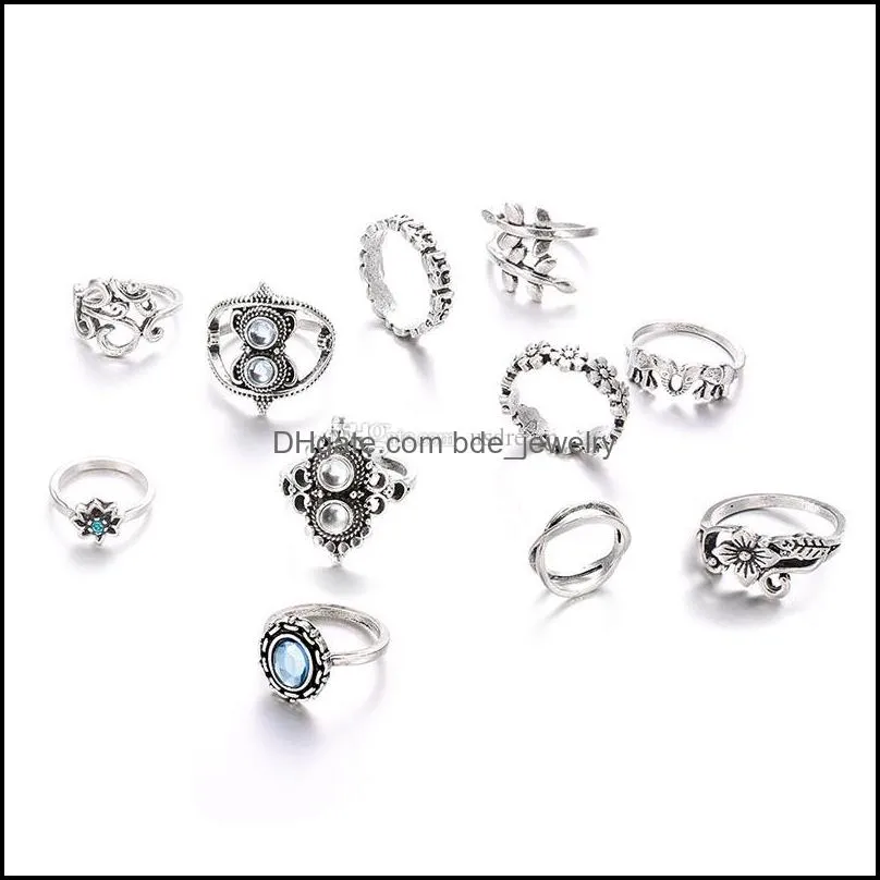 antique silver knuckle ring set elephant flower crown rings stacking rings women midi rings fashion jewelry set gift