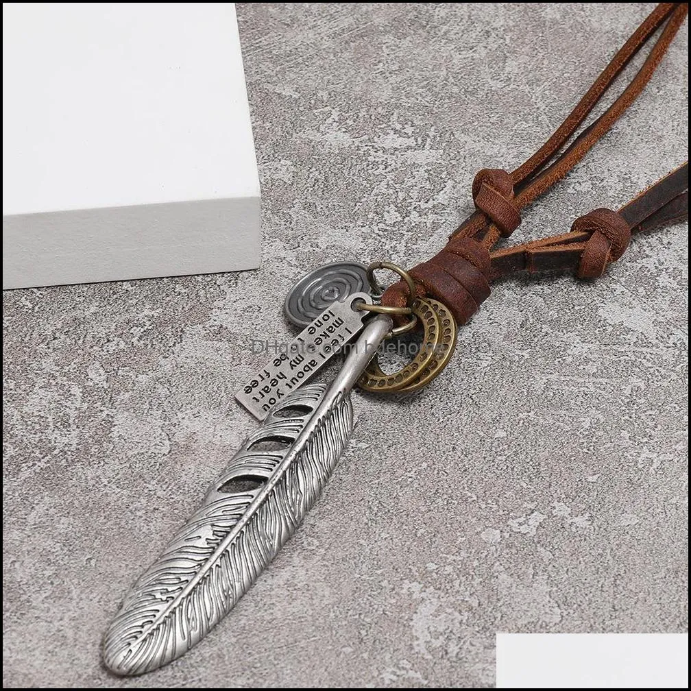 ancient silver feather necklace letter id ring charm adjustable chain leather necklaces for women men punk fashion jewelry gift