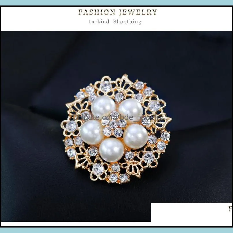 pearl brooch gold crystal flower brooch corsage scarf buckle dress suit pins women fashion jewelry gift 