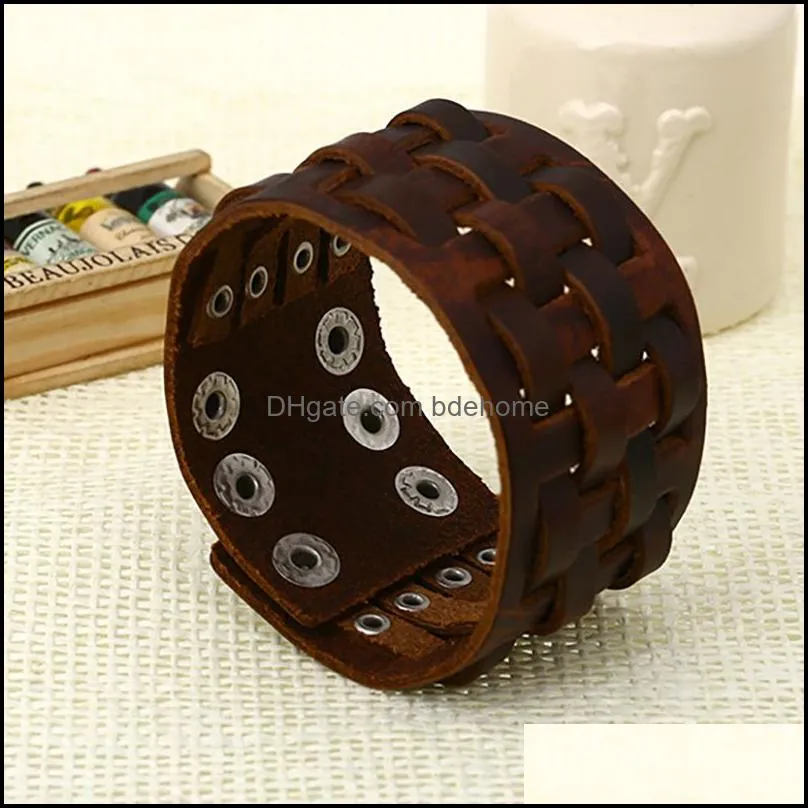 wide leather square knit bangle cuff button adjustable bracelet wristand for men women fashion jewelry