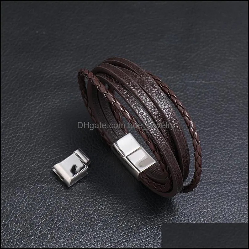 retro leather multi layer wrap bracelet stainless steel buckle bracelets fashion mens bangle cuff wristband jewelry