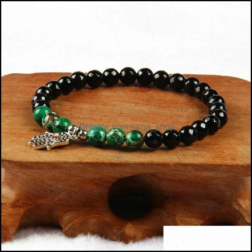 new religious jewelry micro pave black cz fatima hand hamsa with 6mm facted black onyx stone green sediemnt beads pendant bracelets