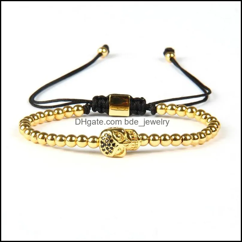pulseira masculina wholesale mix colors 4mm brass beads exquisite three sides black cz skull macrame bracelet