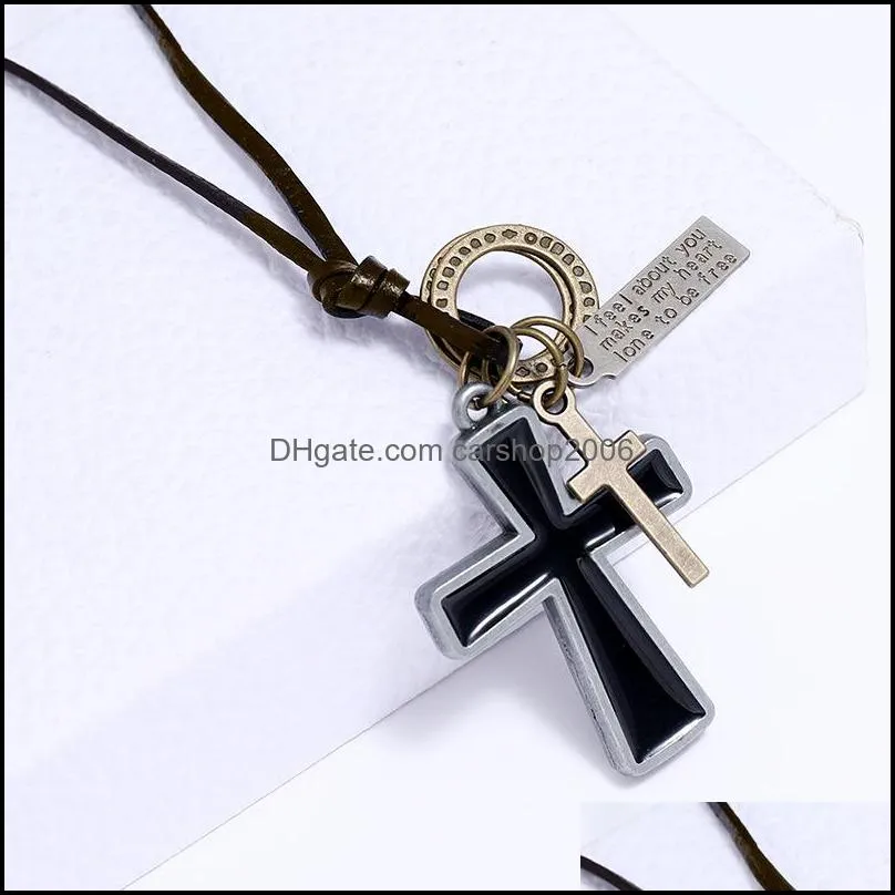 letter id enamel jesus cross necklace adjustable leather chain pendant necklaces for women men punk fashion jewelry gift