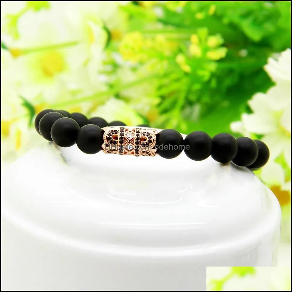 powerful men gold jewelry wholesale 8mm black matte agate stone beaded with exquisite micro inlay zircon charm bracelet