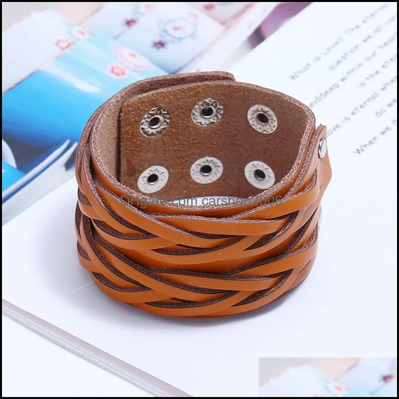 weave braid wide cross leather bangle cuff multilayer wrap button adjustable bracelet wristand for men women fashion jewelry black