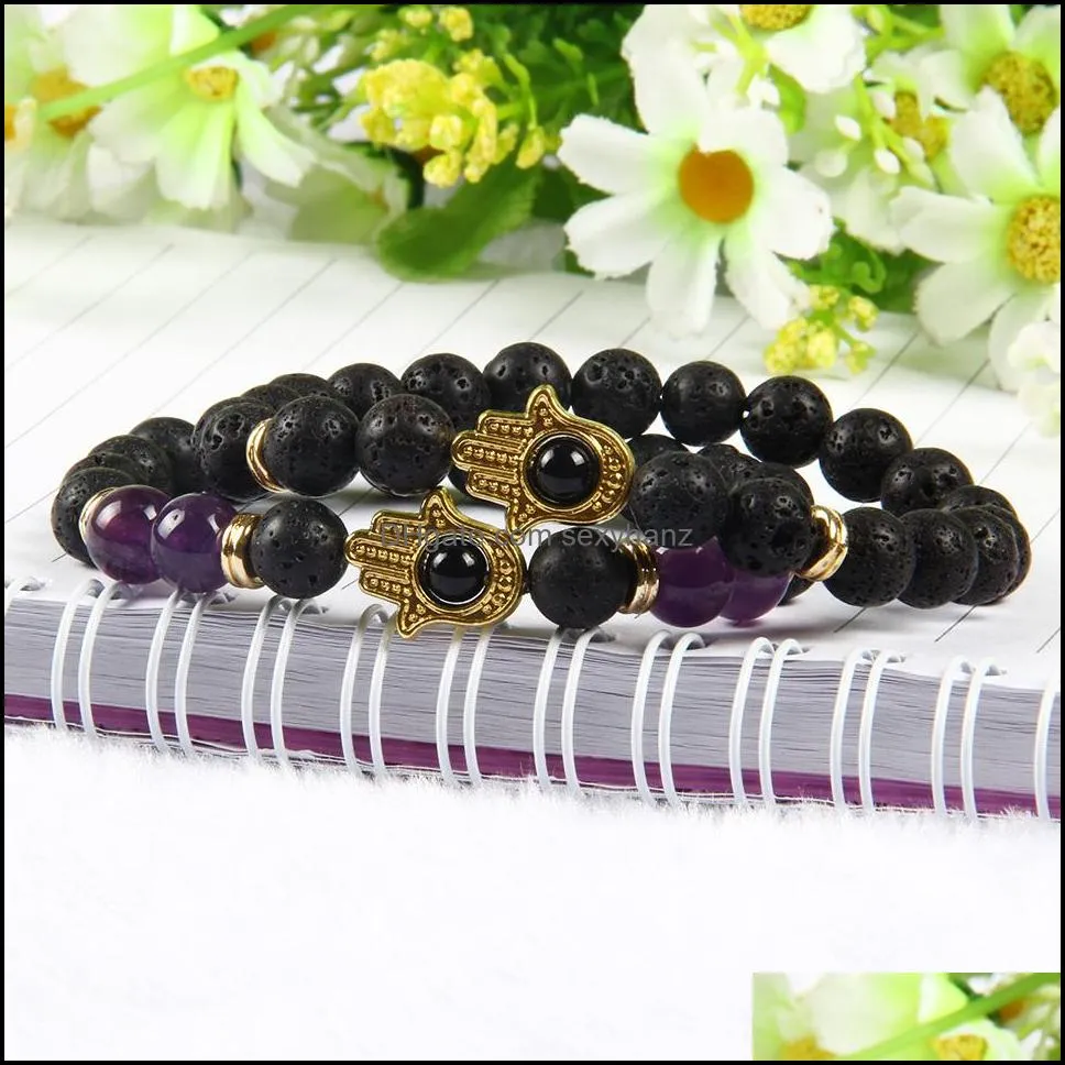  design wholesale 10pcs/lot lava stone beads with goldplated fatima hamsa hand protection stretch bracelets for men