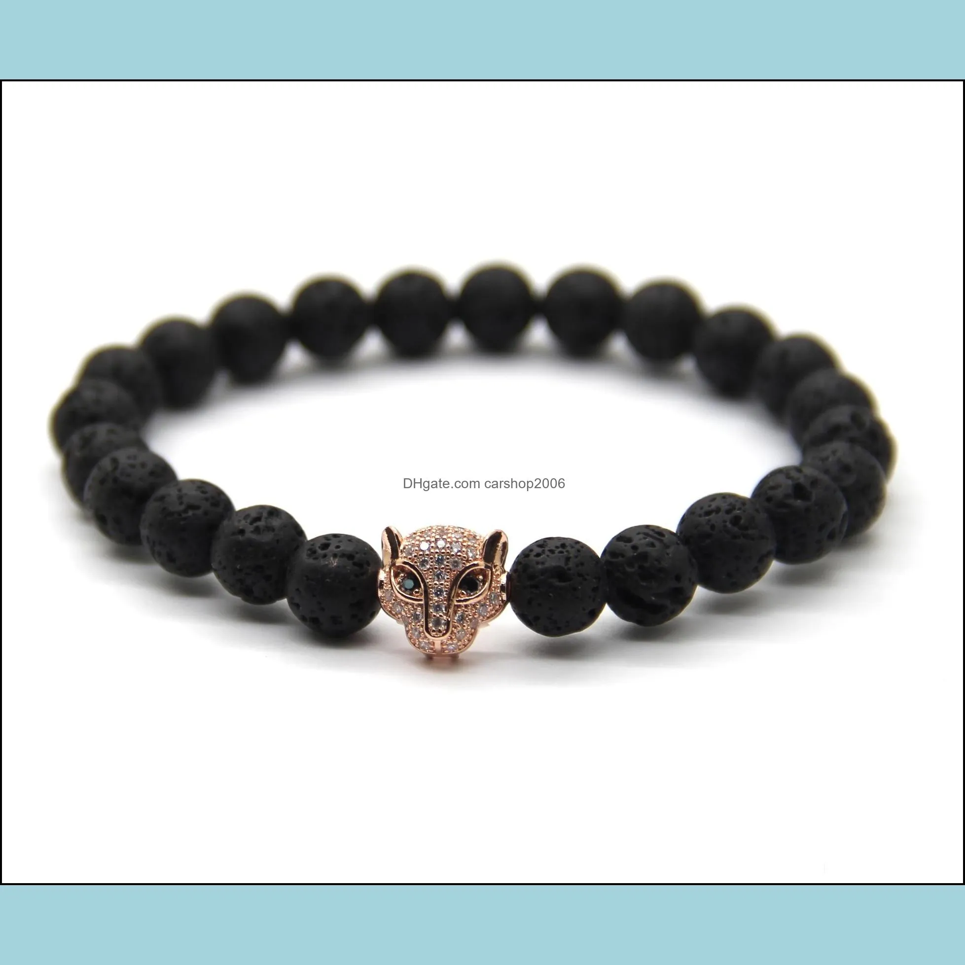 2016 high grade men jewelry wholesale 8mm black energy lava stone beads with micro pave cubic zirconia cz leopard bracelets