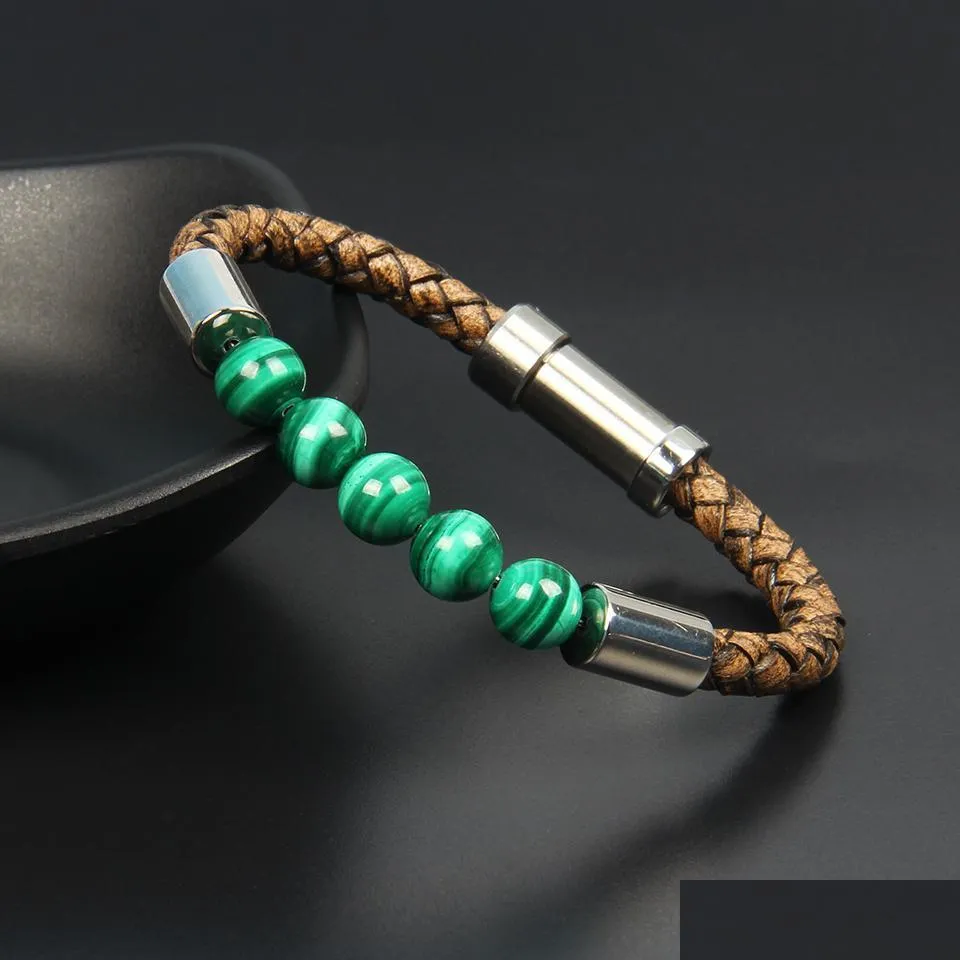 genuine cowhide leather bracelet with 8mm stone beads stainless steel embedded clasp bangle natural malachite stone jewelry