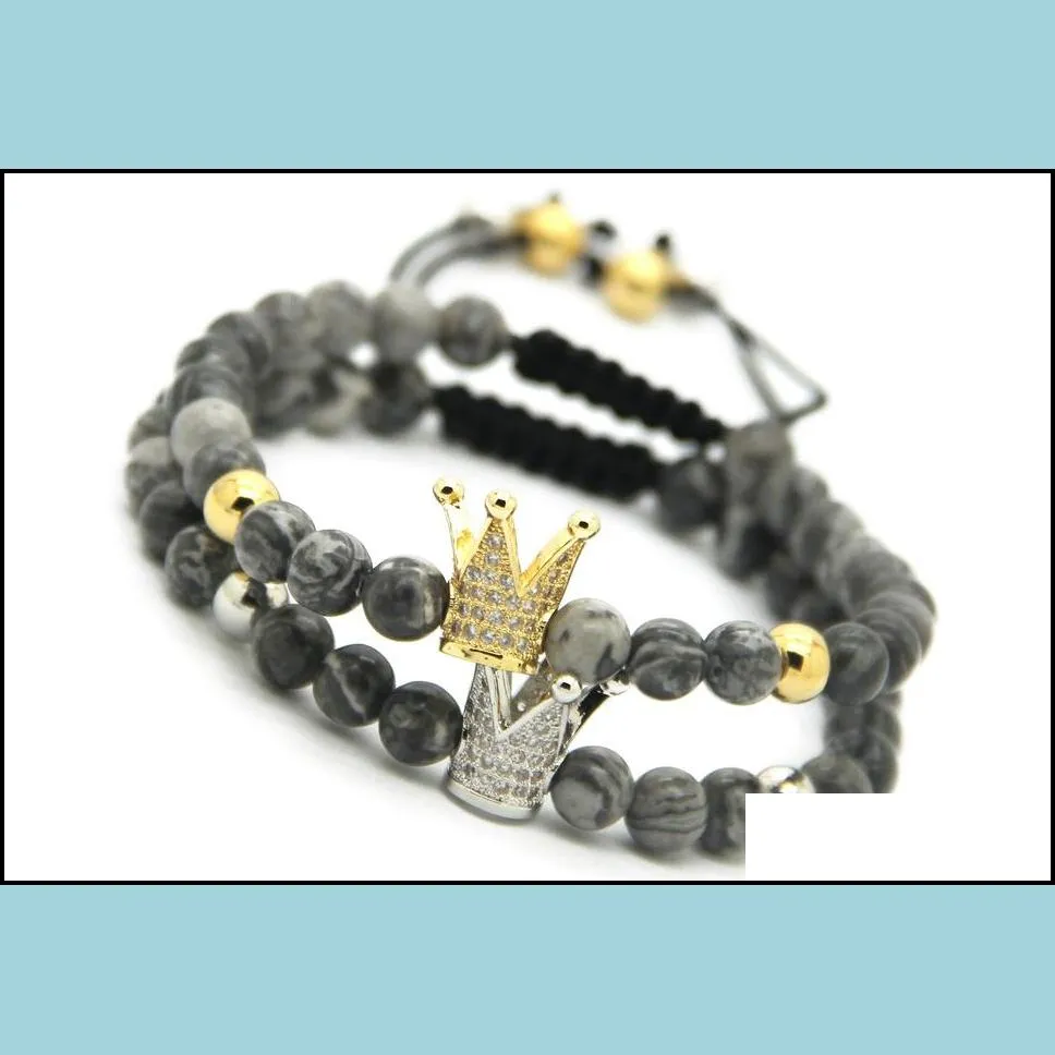 wholesale 10pcs new design jewelry 6mm grey jasper sediment stone gold and platinum crown braided cz beads bracelets gift