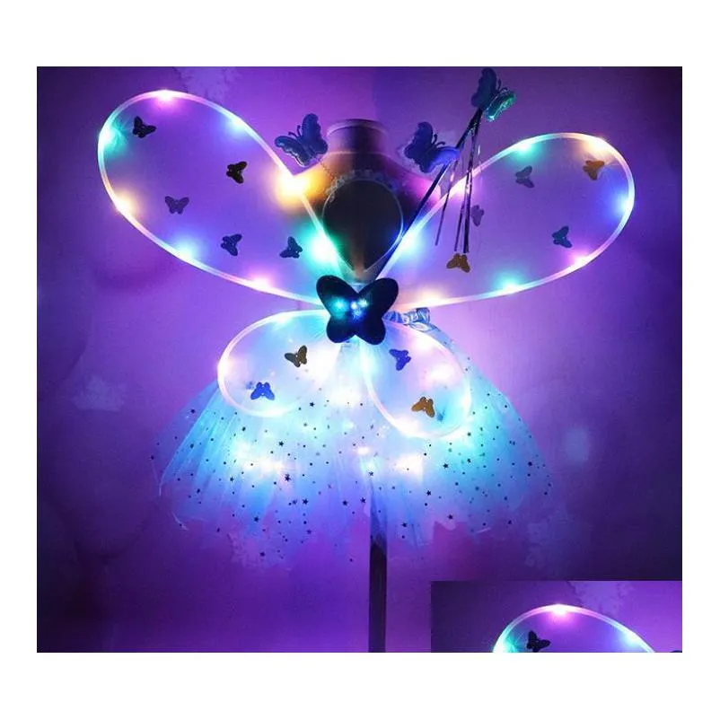 girl led butterfly wings set with glow tutu skirt fairy wand headband fairy princess light up party carnival costume gift 28t