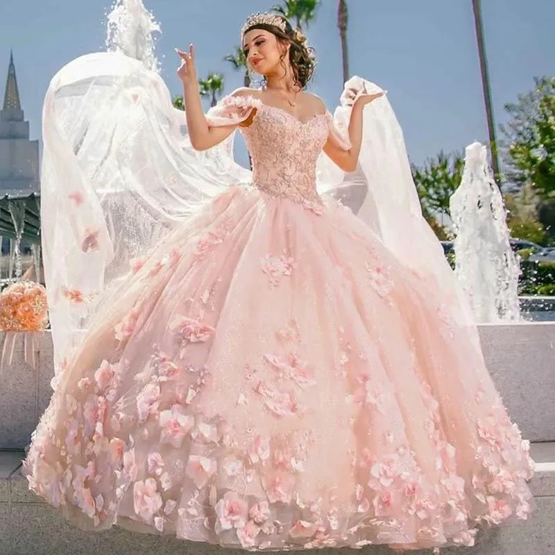 2023 Sexy Quinceanera Ball Gown Dresses Blush Pink Lace Appliques 3D Floral Flowers Crystal Beads With Cape Off Shoulder Sweep Train Plus Size Prom Evening Gowns