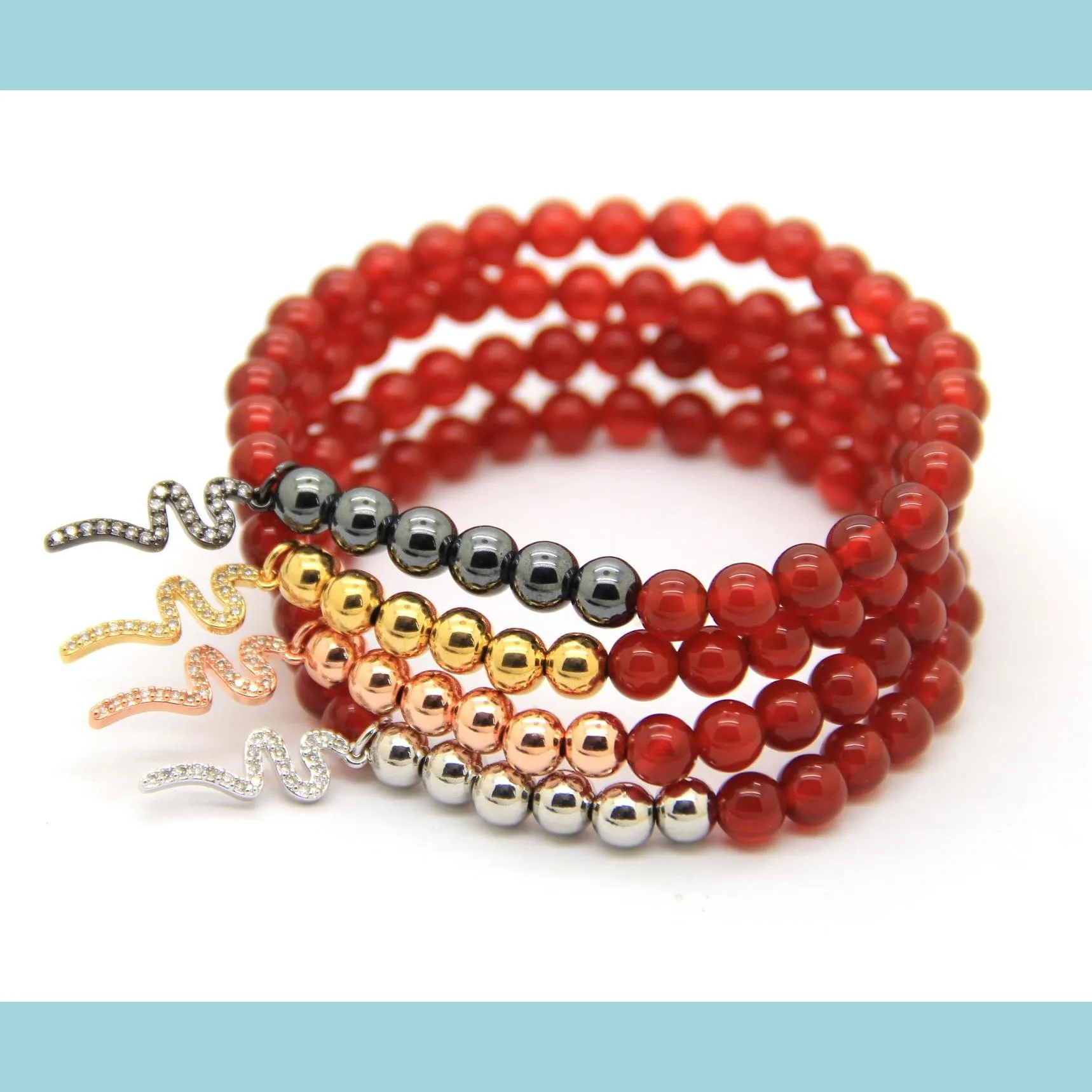2016 men women jewelry wholesale 6mm red agate stone beads micro inlay zircon snake bracelets not fade