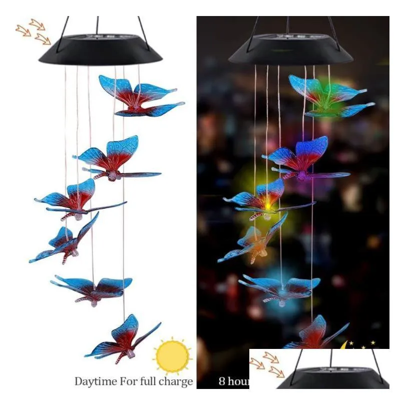 solar hummingbird butterfly wind chimes party decor color changing outdoor waterproof mobile hanging pendant lights for porch patio yard garden