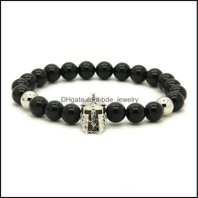 wholesale 10pcs/lot 8mm black onyx stone beads with micro paved black zircons spartan masks helmet charms bracelets