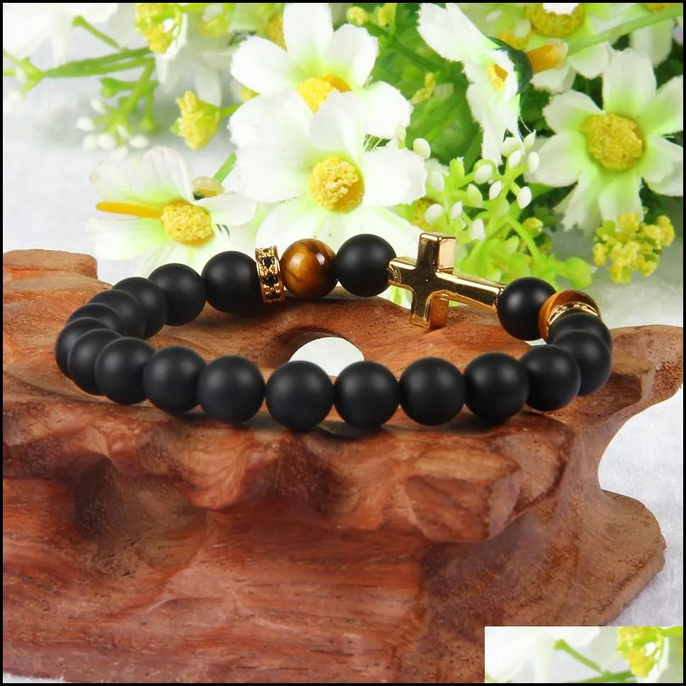 1pcs religious totem jewelry 8mm matte onyx & colors tiger eye stone beads with clear cz royal cross jesus bracelets for party