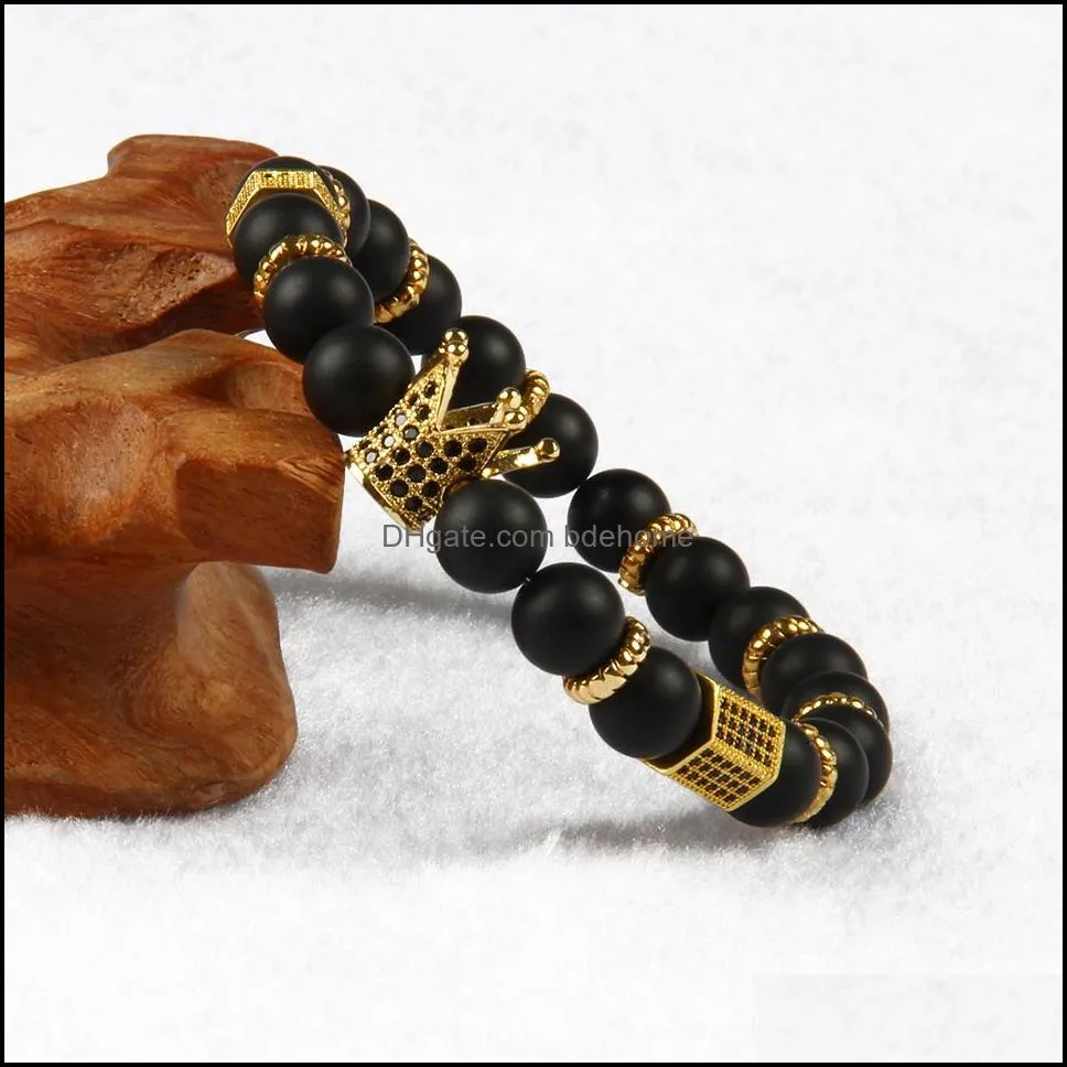 1pcs jewelry micro inlay cz beads crown bracelets with 8mm stone beads beaded bracelet gift for men