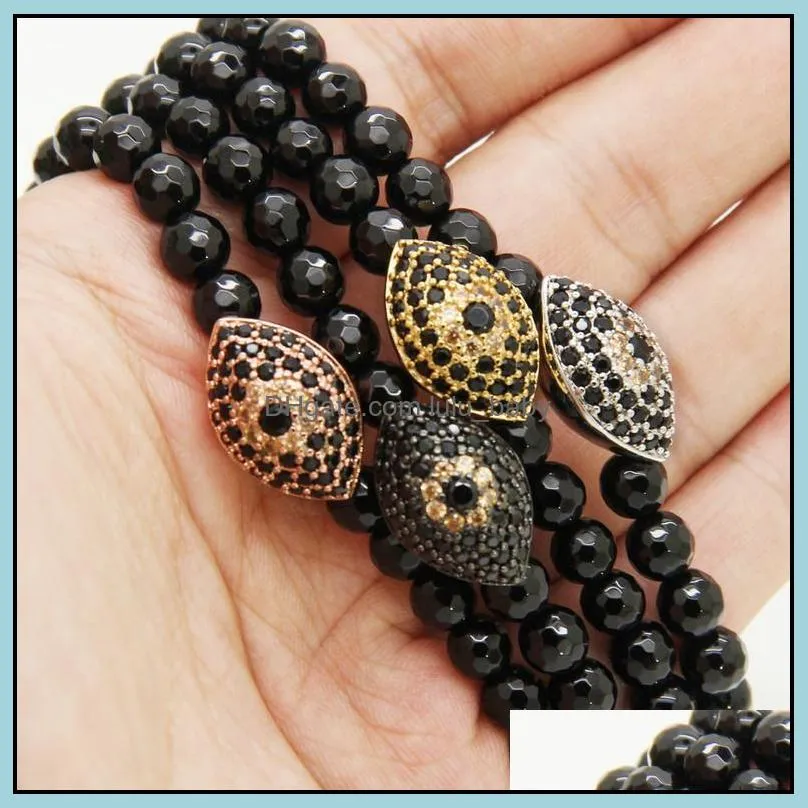 wholesale 10pcs/lot 6mm natural faceted black onyx stone beads with black turkish lucky eye cz bead bracelets