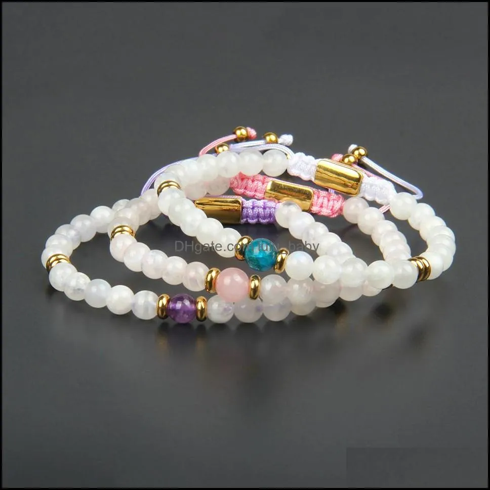 fashion stone bracelet 6mm natural moonstone braiding bracelet for women girl stainless steel jewelry gift not fade