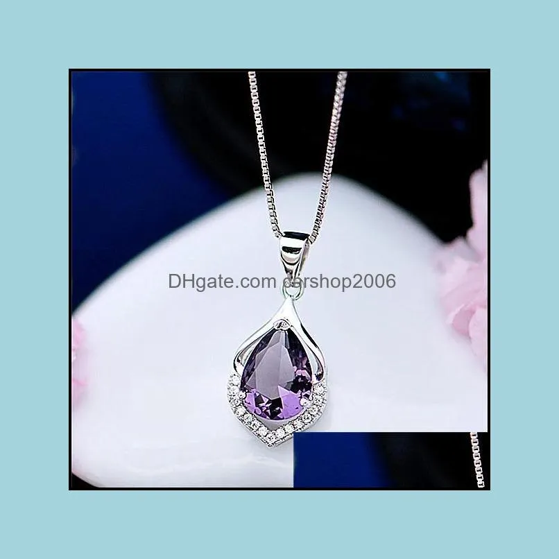 crystal purple water drop necklace diamond pendant women necklaces silver chain fashion jewelry gift