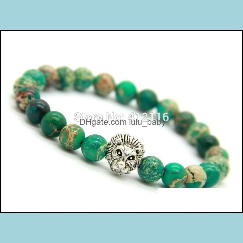 2015 mens jewelry wholesale design 8mm green sea sediment stone beads antique silver  bracelets party gift