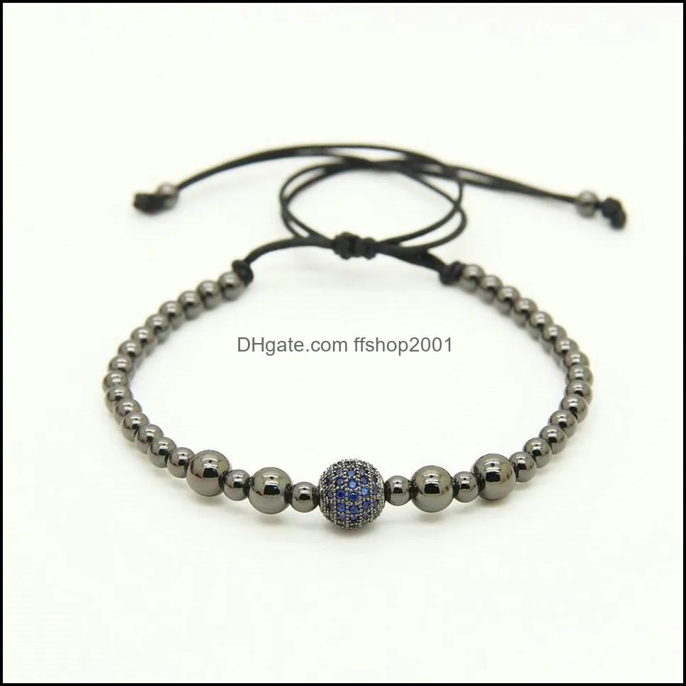 wholesale 10pcs/lot 4mm top quality copper beads with 9mm blue cz beads braiding macrame mens bracelets