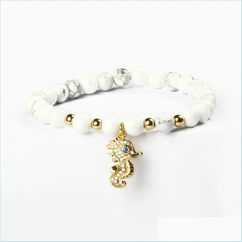 wholesale ocean jewelry clear cz sea horse charm with 6mm natural white howlite marble stone beads animal bracelet 